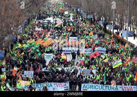 Madrid, spagnolo. 26 febbraio 2024. Madrid Spagna; 02/26/2024.- migliaia di agricoltori manifestano a Madrid nella quarta settimana di proteste. Chiamati dai gruppi agricoli Asaja, Coag e UPA, camminano per le strade della capitale spagnola e terminano di fronte all'edificio dell'Unione europea a Madrid. Crediti: Juan Carlos Rojas/dpa/Alamy Live News Foto Stock