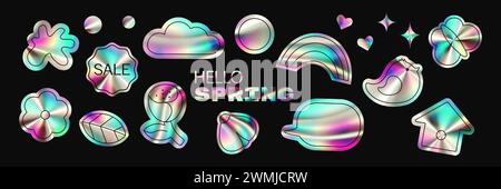 Illustrazione vettoriale del set di adesivi olografici Hello Spring Illustrazione Vettoriale