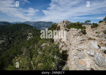 Castello di Alaro, rovine delle mura occidentali, Alaro, Maiorca, Isole Baleari, Spagna Foto Stock