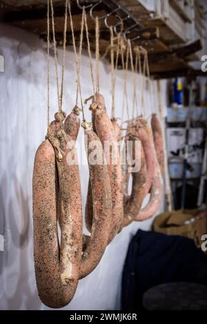 Essiccazione delle salsicce, macello tradizionale del maiale nero di Maiorca, Maiorca, Isole Baleari, Spagna Foto Stock