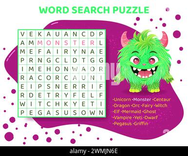 Puzzle di ricerca per parole per bambini con animali mitici. Illustrazione Vettoriale