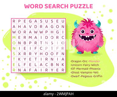 Puzzle di ricerca per parole per bambini con animali mitici. Illustrazione Vettoriale