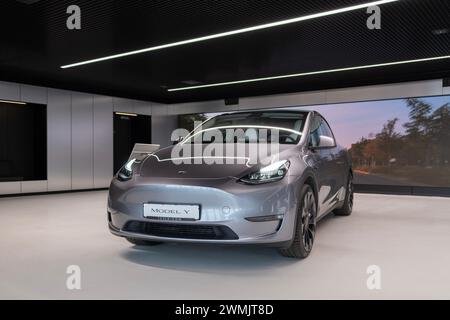 Nuovo modello elettrico grigio tesla y performance quicksilver, settore automobilistico, SUV crossover prodotto da Tesla, EV in Europa, sostenibilità ambientale Foto Stock