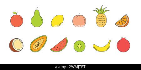 Set di frutta in linea. Frutti tropicali. Illustrazione vettoriale di stile lineare isolata su sfondo bianco. Illustrazione Vettoriale