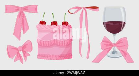 Illustrazione vettoriale di fiocchi rosa girly vintage, vino, torta bento e ciliegia. Dolce bento lambeth. Estetica femminile. Illustrazione Vettoriale