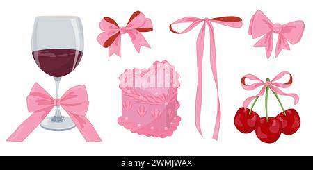 Illustrazione vettoriale di fiocchi rosa girly vintage, vino, torta bento e ciliegia. Dolce bento lambeth. Estetica femminile. Illustrazione Vettoriale