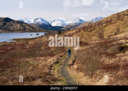 The Great Trossachs Path - sezione del sentiero della Old Military Road tra Stronachlachar e Inversnaid Garrison, Loch Arklet, Stirling, Scozia, Regno Unito Foto Stock