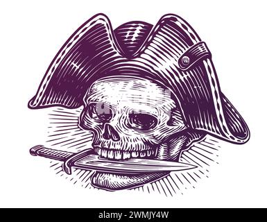 Teschio pirata in cappello con cutlass nei denti. Illustrazione disegnata a mano in stile incisione vintage Illustrazione Vettoriale