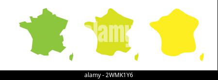 Contorno nero Francia e silhouette country colorate in tre diversi livelli di morbidezza. Mappe semplificate. Icone vettoriali isolate su sfondo bianco. Illustrazione Vettoriale