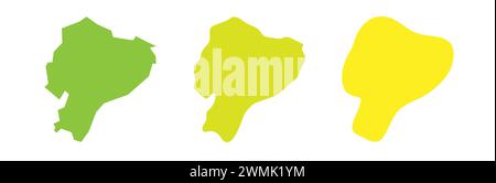 Contorno nero del paese dell'Ecuador e silhouette colorate del paese in tre diversi livelli di levigatezza. Mappe semplificate. Icone vettoriali isolate su sfondo bianco. Illustrazione Vettoriale