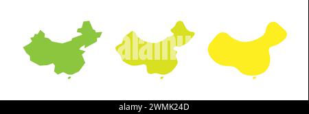 Profilo nero del paese cinese e silhouette colorate del paese in tre diversi livelli di levigatezza. Mappe semplificate. Icone vettoriali isolate su sfondo bianco. Illustrazione Vettoriale