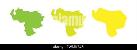 Contorno nero del paese del Venezuela e silhouette colorate del paese in tre diversi livelli di levigatezza. Mappe semplificate. Icone vettoriali isolate su sfondo bianco. Illustrazione Vettoriale