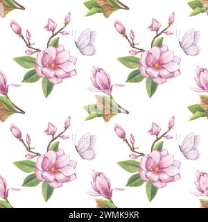 Motivo magnolia rosa senza cuciture. Fiori di ramo, boccioli, foglie, farfalla bianca. Clipart floreale in fiore. Sfondo dell'illustrazione ad acquerello disegnato a mano. Foto Stock