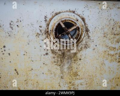 Muffa e placca sullo smalto del bagno. Scarico bagno. Sporcizia e infezione. Deve essere pulito. Concetto di sporco. Placca gialla. Foto Stock