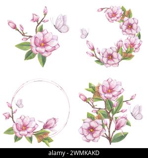 Set di elementi Pink magnolia. Fiori di ramo, boccioli, foglie, farfalla bianca. Clipart floreale in fiore. Illustrazione ad acquerello disegnata a mano isolata Foto Stock