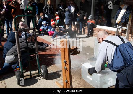 Newport, Rhode Island. 25 gennaio 2024. Sean Skelly di Attleboro, ma e Sam Sannie di Easton, ma hanno scolpito tre creazioni a Long Whark nel centro di Newport, RI: Un vaso su un pedastel, un cigno e un pesce, di fronte alla folla, come parte del Newport Winter Festival 2024. @ Veronica Bruno / Alamy Live News Foto Stock