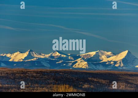 Catena montuosa innevata che si illumina di luce calda all'alba con le colline ai piedi e il cielo blu, a ovest di Calgary, Alberta; Alberta, Canada Foto Stock