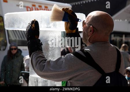 Newport, Rhode Island. 25 gennaio 2024. Sean Skelly di Attleboro, ma e Sam Sannie di Easton, ma hanno scolpito tre creazioni a Long Whark nel centro di Newport, RI: Un vaso su un pedastel, un cigno e un pesce, di fronte alla folla, come parte del Newport Winter Festival 2024. @ Veronica Bruno / Alamy Live News Foto Stock