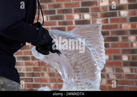 Newport, Rhode Island. 25 gennaio 2024. Sean Skelly di Attleboro, ma e Sam Sannie di Easton, ma hanno scolpito tre creazioni a Long Whark nel centro di Newport, RI: Un vaso su un pedastel, un cigno e un pesce, di fronte alla folla, come parte del Newport Winter Festival 2024. @ Veronica Bruno / Alamy Live News Foto Stock