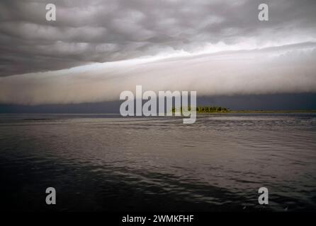 Nuvole di tempesta si costruiscono su Cat Island mentre la pioggia scende dal Golfo del Messico verso Suwannee Sound in Florida, all'estremità più meridionale dell'Okefenokee S... Foto Stock