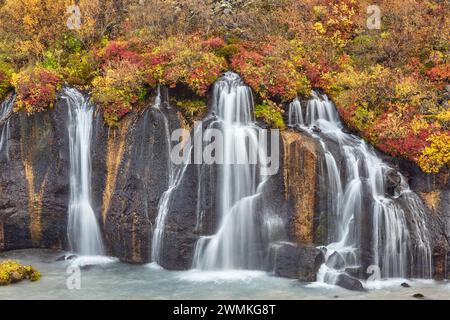 Cascate di Hraunfossar, vicino a Reykholt, nell'Islanda occidentale; Islanda Foto Stock