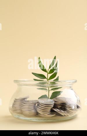 Risparmi finanziari. Monete e ramoscelli in vaso di vetro su sfondo beige Foto Stock
