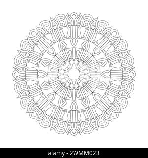 Enigmatica Mindfulness Mandala Coloring Book Page per l'interno del libro kdp. Petali tranquilli, capacità di rilassarsi, esperienze cerebrali, Harmonous Haven, Peacef Illustrazione Vettoriale