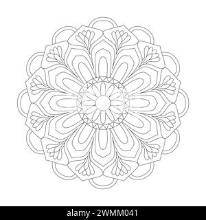 Enigmatica pagina del libro da colorare Mandala decorativa per l'interno del libro kdp. Petali tranquilli, capacità di rilassarsi, esperienze cerebrali, Harmonous Haven, Peacefu Illustrazione Vettoriale