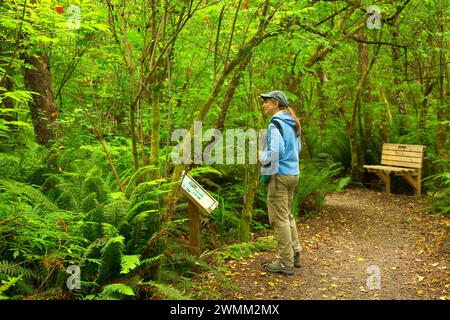 Scheda interpretativa lungo la flora e la Fauna Trail, Kilchis Point Reserve, Bay City, Oregon Foto Stock