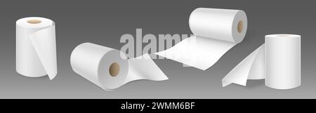 Carta igienica bianca o rotolo di carta igienica. Set vettoriale realistico di asciugamani da cucina con tubo cilindrico in cartone in posizione verticale e isolato su sfondo grigio. Rotolo di tovagliolo bianco per la toilette. Illustrazione Vettoriale