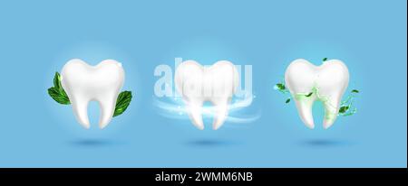 Dente sano brillante bianco con vortici di aria fresca, foglie di menta verde e spruzzi di liquido trasparente. Concetto realistico di igiene dentale vettoriale 3D. bagliore molare con materiali curativi per il design dentista. Illustrazione Vettoriale