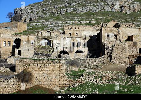 Le case del villaggio di Qillit, che sono state vuote per molti anni, sono viste in rovina. Il villaggio di Qillit (Dereici) è uno storico villaggio cristiano vicino al distretto di Savur della provincia di Mardin in Turchia. Ci sono solo 2 famiglie cristiane rimaste nel villaggio di Qillit, che un tempo ospitava circa 20.000 cristiani di tre confessioni. La popolazione del villaggio iniziò a migrare in diversi paesi in tutto il mondo durante l'Impero Ottomano nel 1914. Dopo gli anni '1960, la comunità cristiana fu costretta a lasciare il loro villaggio poco a poco a poco a causa dell'oppressione che dovettero affrontare. La casa Foto Stock