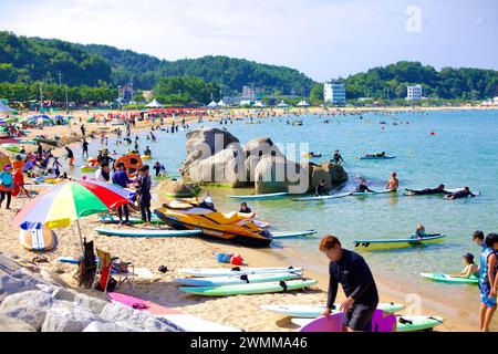 Contea di Yangyang, Corea del Sud - 30 luglio 2019: Jukdo Beach brulica di attività, con surfisti e tavole da surf nelle acque poco profonde e sabbiose Foto Stock