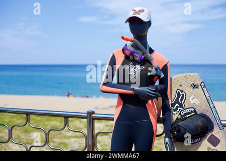 Contea di Yangyang, Corea del Sud - 30 luglio 2019: Un manichino vestito con una muta, completo di snorkeling e wakeboard, si erge accanto ad una recinzione sovrastante Foto Stock