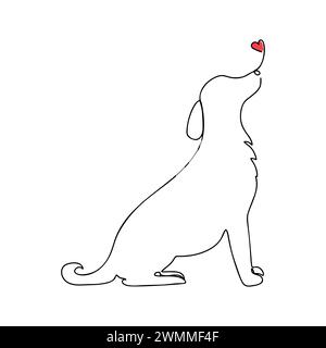 Un cane a linea continua con cuore, sfondo bianco con logo minimalista Foto Stock