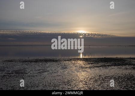 Tramonto a Wnter sulla spiaggia di Chalkwell, vicino a Southend-on-Sea, Essex, Inghilterra, Regno Unito Foto Stock