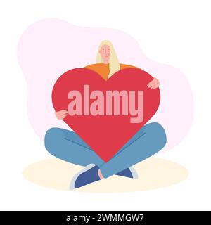 Donna con un grande cuore, illustrazione moderna di San Valentino Flat Concept Vector Foto Stock