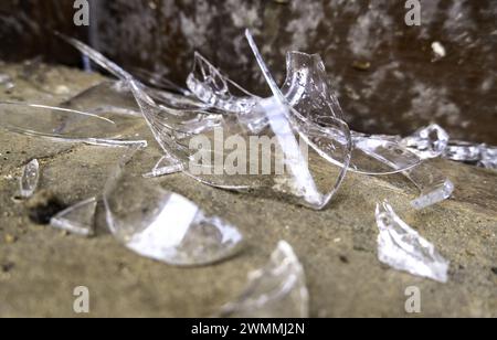 Dettaglio della spazzatura e dell'inquinamento, bottiglia di vetro rotta Foto Stock