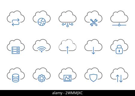 Set di 15 icone di riga relative a scambio di dati, traffico, file, cloud e server. Raccolta icone contorno. Traccia modificabile. Illustrazione vettoriale Illustrazione Vettoriale