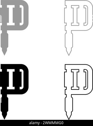 Pelle per pistola con dispositivo per tatuaggio con inchiostro icona del set di bobine elettromagnetiche portatili grigie, colore nero, immagine vettoriale semplice contorno pieno Illustrazione Vettoriale