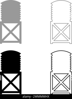 Icona del set di costruzioni industriali per lo stoccaggio di serbatoi di torri idriche, colore grigio, nero, immagine vettoriale semplice, riempimento solido contorno linea sottile piatta Illustrazione Vettoriale