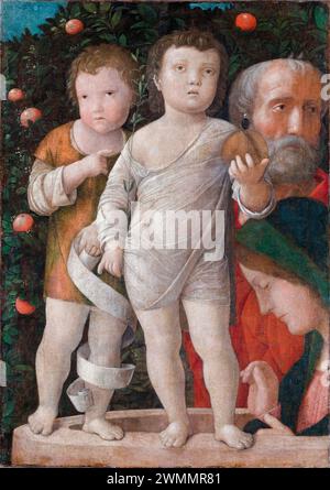 Andrea Mantegna, la Sacra famiglia con San Giovanni Battista, pittura a colla su tela, circa 1500 Foto Stock