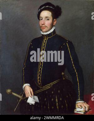 Giovanni Battista Moroni, Ritratto di un gentiluomo mancino con due quarti e una lettera ('il gentile Cavaliere'), dipinto ad olio su tela, 1564-1565 Foto Stock