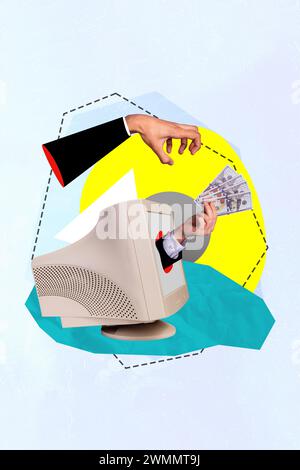 Collage verticale immagine creativa illustrazione due schermo a pagamento business partner Human Hand Deal dare Take Money Cash modello colorato Foto Stock