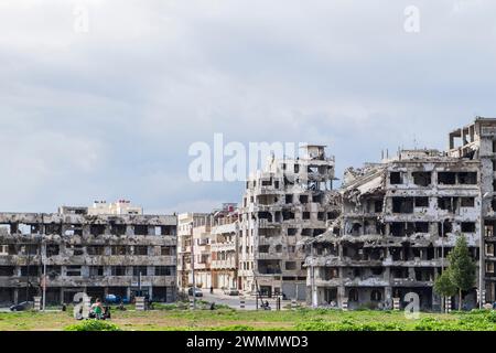 Siria, Homs, edifici distrutti dai bombardamenti Foto Stock
