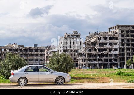 Siria, Homs, edifici distrutti dai bombardamenti Foto Stock