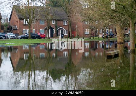 Colnbrook, Slough, Berkshire, Regno Unito. 27 febbraio 2024. Acqua del Colne Brook a Colnbrook, Slough, Berkshire. Un allarme alluvione è in atto per il Colne Brook a Iver e Colnbrook nel Berkshire. Crediti: Maureen McLean/Alamy Live News Foto Stock