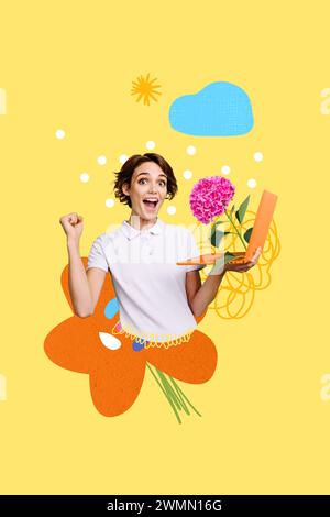 Immagine di schizzo collage fotografico 3D di tendenza composita di Happy lady tenere il laptop in mano ortensie fiore bloccato nello schermo del dispositivo primavera stagione Foto Stock