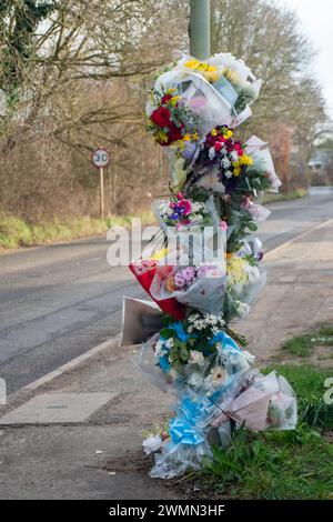 Colnbrook, Slough, Berkshire, Regno Unito. 27 febbraio 2024. Tributi floreali sono stati lasciati all'incrocio tra Popes Close e Horton Road a Colnbrook, Slough, Berkshire. Tragicamente 18 anni Adam Bouaziz è morto per le ferite riportate in un sospetto colpo e fuga dopo che un furgone si è scontrato con l'uomo il 22 febbraio 2024. Il Mercedes Sprinter nero non si è fermato e si è spostato in direzione di Datchet. Un uomo di 34 anni e una donna di 33 anni, entrambi di Slough, sono stati arrestati con l'accusa di aver causato la morte per guida pericolosa. Crediti: Maureen McLean/Alamy Live News Foto Stock