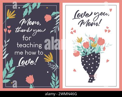 Poster verticale per la festa della mamma. Colorata composizione floreale disegnata a mano. Illustrazione Vettoriale